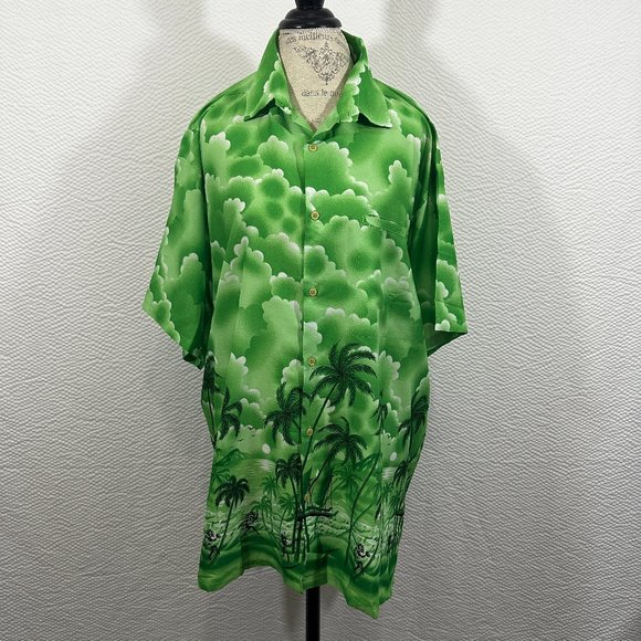Other - Vintage Mens Hawaiian print Shirt Island Palm Trees Bright Green Black 2XL